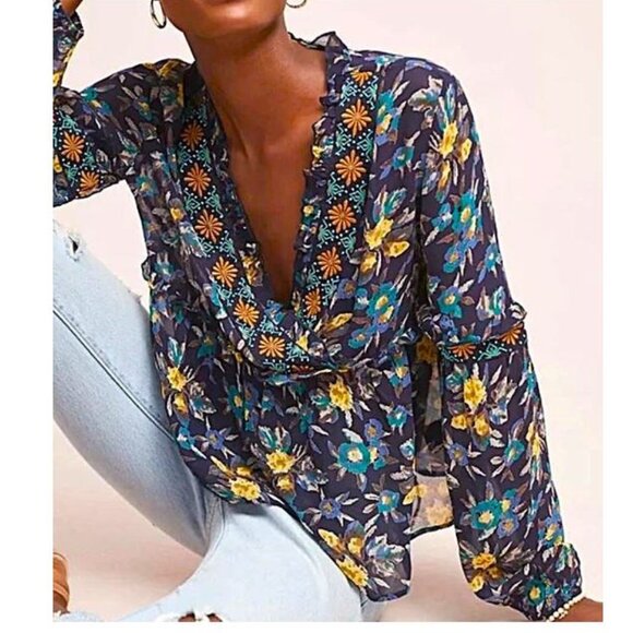 ANTHROPOLOGIE - Meadow Rue Strasser Boho navy blue floral embroidered blouse - Picture 2 of 11
